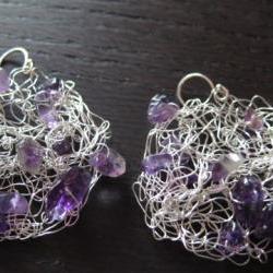 Small Grape Earrings: knitted wire, amethysts and sterling silver ear wires