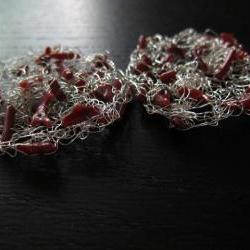Branching Out Earrings: knit wire with coral on sterling silver ear wires